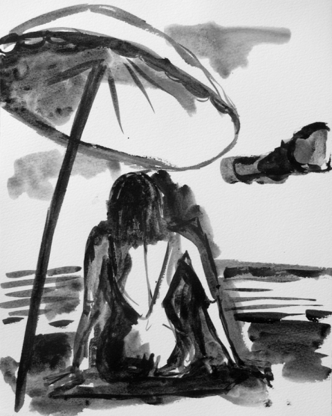 © Véronique Pettit Laforet, croquis de vacances 2011, plage, femmes, Côte d'Azur, acrylique sur papier